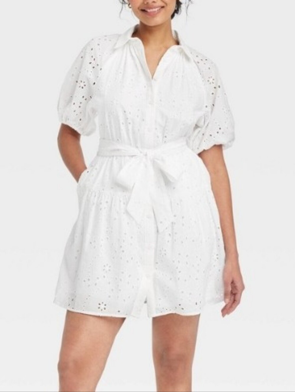 Nwt A New Day White Eyelet Puff Sleeve Mini Shirt Dress